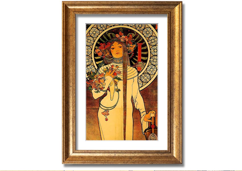 Framed print of Alphonse Mucha's La Trappistine artwork, showcasing intricate details and vibrant colors.